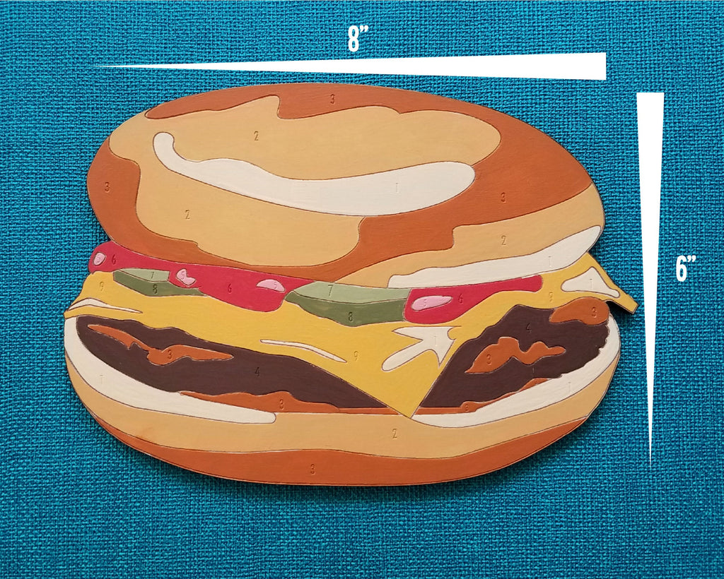 The Cheeseburger Paint by Number design is approximately 8" wide by 6" tall